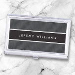 Modern dark grey and black masculine personalised business card holder<br><div class="desc">Modern,  elegant profile or business card holder with a black,  horizontal band over a dark grey,  striped texture. Customisable name on the front. White text. Matches the same style business card. Classy design,  great for a lawyer,  attorney or accountant.</div>