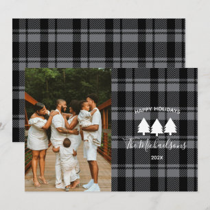 Modern Dark Grey and Black Plaid Photo  Holiday Card