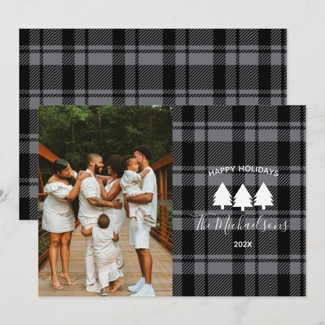 Modern Dark Grey and Black Plaid Photo  Holiday Card (Front/Back)