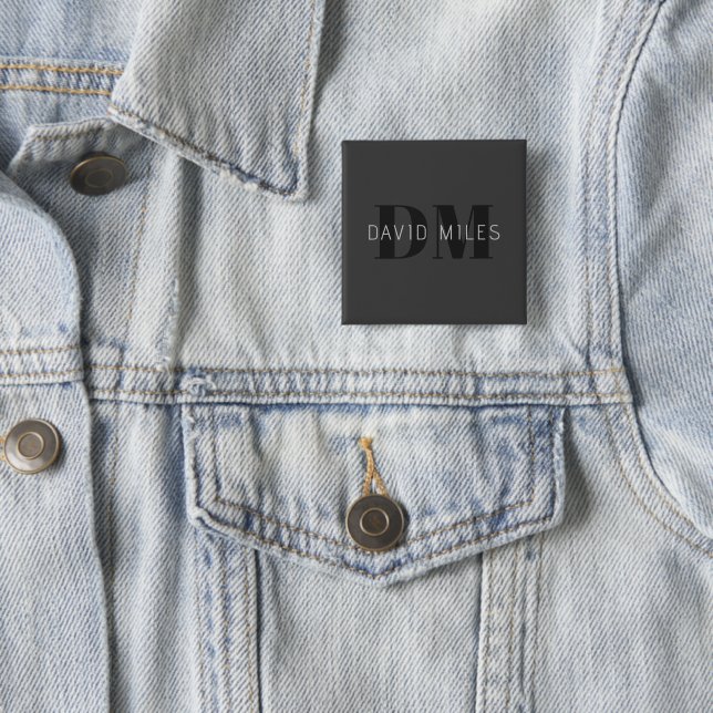 Modern Dark Grey & Black Editable Name & Monogram 15 Cm Square Badge (In Situ)