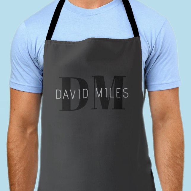 Modern Dark Grey & Black Editable Name & Monogram Apron (Creator Uploaded)