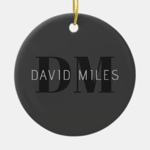Modern Dark Grey & Black Editable Name & Monogram Ceramic Tree Decoration