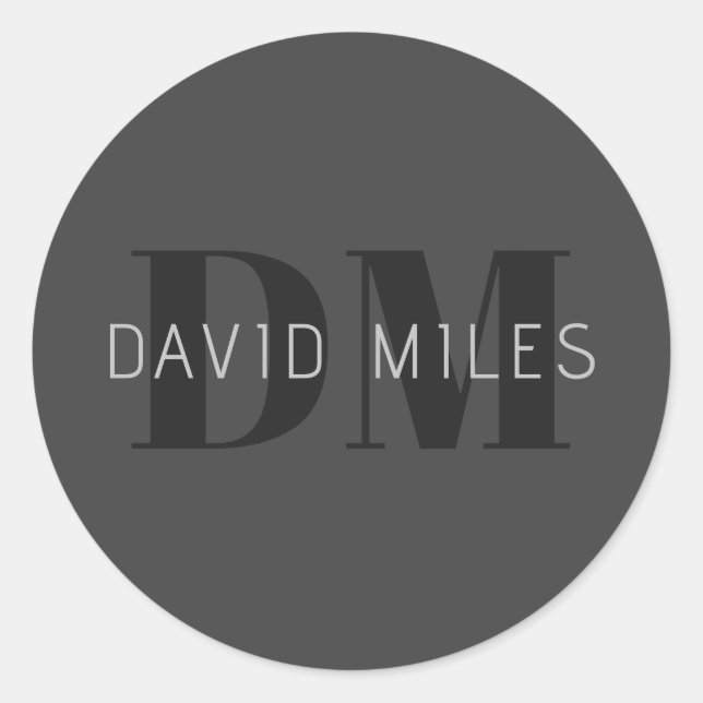 Modern Dark Grey & Black Editable Name & Monogram Classic Round Sticker (Front)