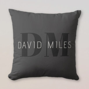 Modern Dark Grey & Black Editable Name & Monogram Cushion