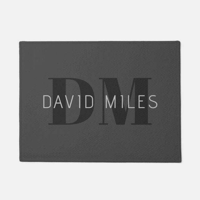 Modern Dark Grey & Black Editable Name & Monogram Doormat (Front)