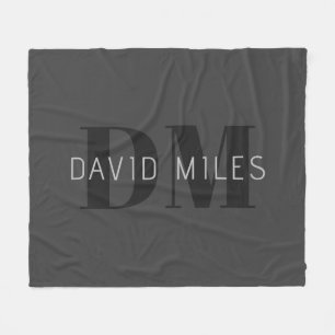 Modern Dark Grey & Black Editable Name & Monogram Fleece Blanket
