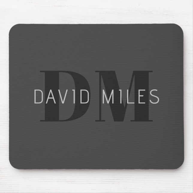 Modern Dark Grey & Black Editable Name & Monogram Mouse Pad (Front)