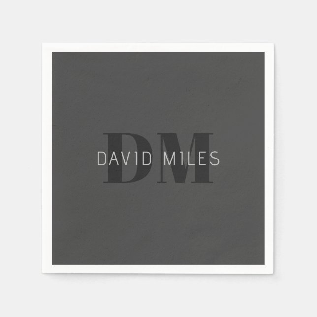 Modern Dark Grey & Black Editable Name & Monogram Napkin (Front)
