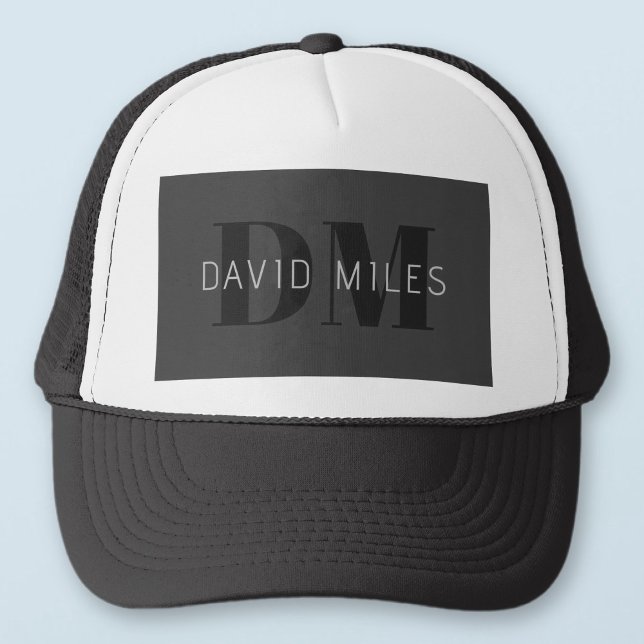 Modern Dark Grey & Black Editable Name & Monogram Trucker Hat (Creator Uploaded)
