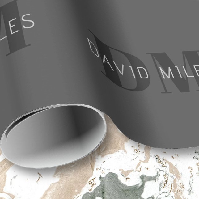 Modern Dark Grey & Black Editable Name & Monogram Wrapping Paper (Creator Uploaded)