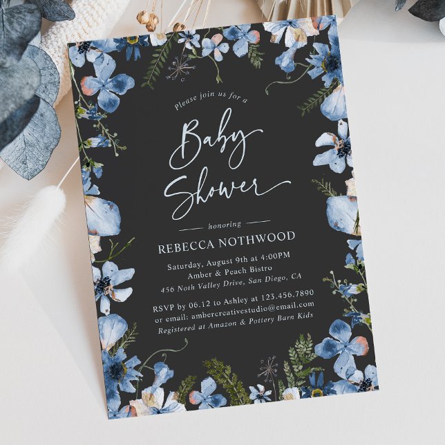 Modern Dark Grey Dusty Blue Boy Baby Shower Invitation (Creator Uploaded)
