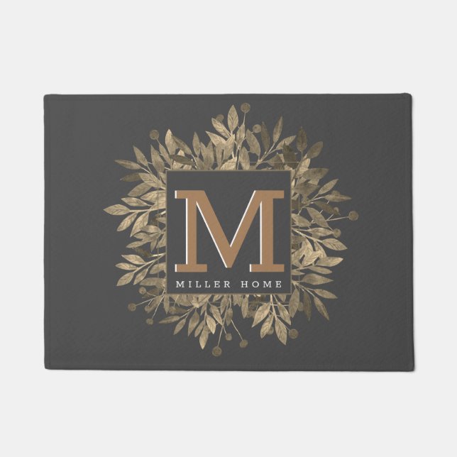 Modern Dark Grey Gold Leaves Wreath Monogram  Doormat (Front)
