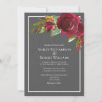 Modern Dark Grey Linen Burgundy Floral Wedding