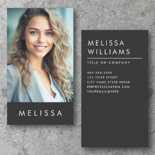 Modern dark grey minimalist custom photo vertical business card