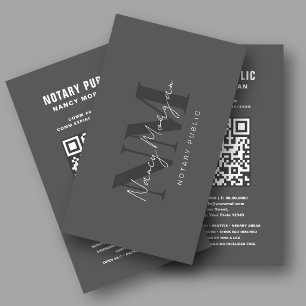 Modern Dark Grey Monogram Notary Public QR Code Business Card