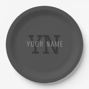 Modern Dark Grey Monogrammed Name (or other text) Paper Plate