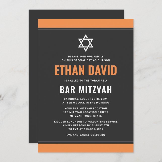 Modern dark grey orange borders bar mitzvah invitation (Front/Back)