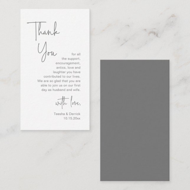 Modern Dark Grey Script, Wedding Thank you Enclosure Card (Front/Back)