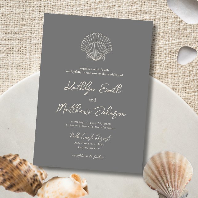 Modern Dark Grey Shell Beach Destination Wedding Invitation (Creator Uploaded)