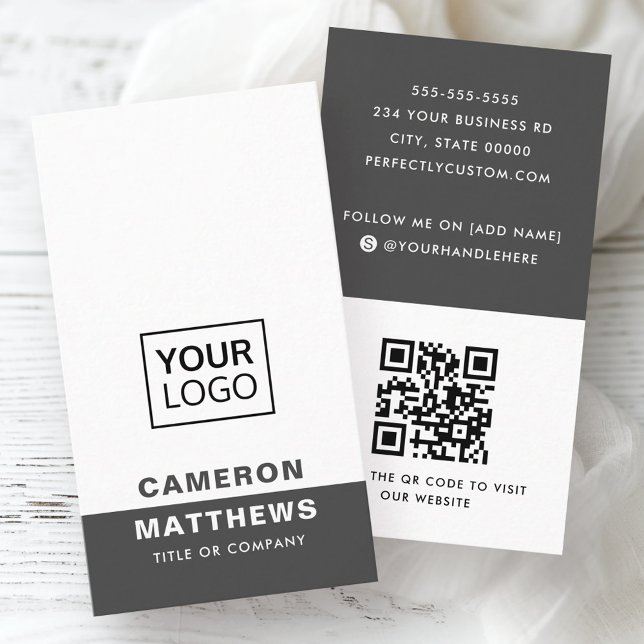 Modern dark grey white add logo social media icons business card (Modern dark gray white add logo social media icons business card)