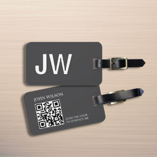 Modern Dark Grey White Bold Monogram QR Code Luggage Tag
