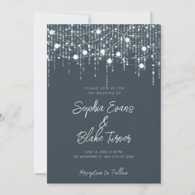 Modern Dark Grey & White Hanging Lights Wedding Invitation (Front)