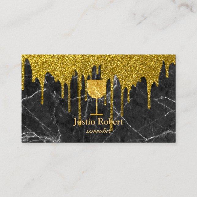 Modern Dark Marble Wine Bartender Sommelier Drip Business Card (Front)