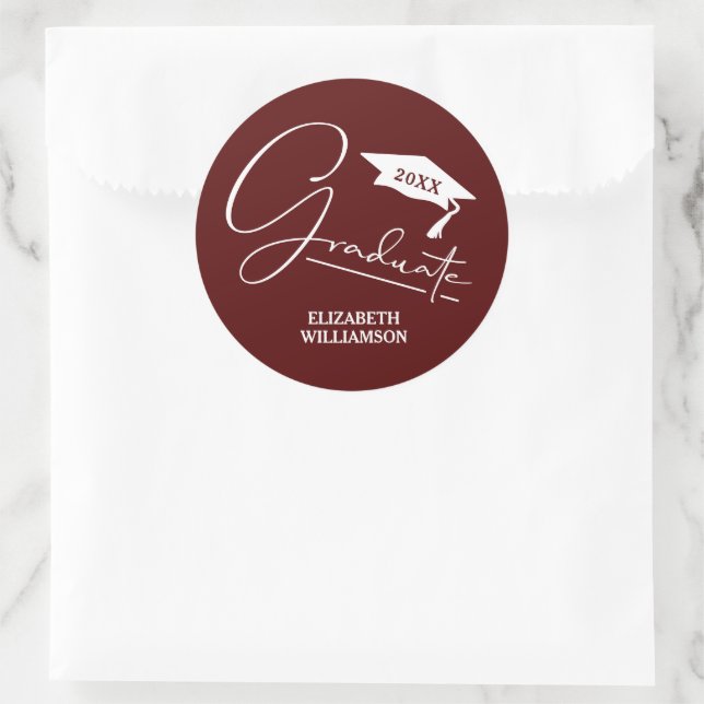 Modern Dark Maroon Graduation Party Classic Round Sticker (Bag)