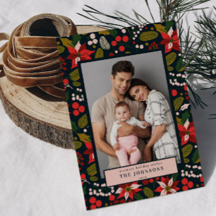 Modern Dark Moody Blue Red Poinsettia Photo Holiday Card