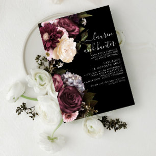 Modern Dark Moody Burgundy Script Floral Wedding I Invitation