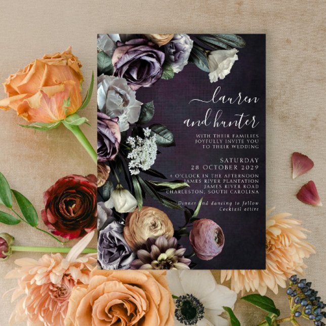 Modern Dark Moody Purple Script Floral Wedding Inv Invitation (Creator Uploaded)