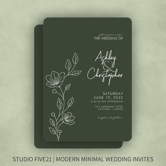 Modern Dark Moss Green Foliage Outline Wedding Invitation (Creator Uploaded)