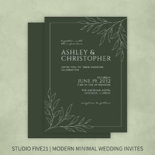 Modern Dark Moss Green Foliage Outline Wedding Invitation