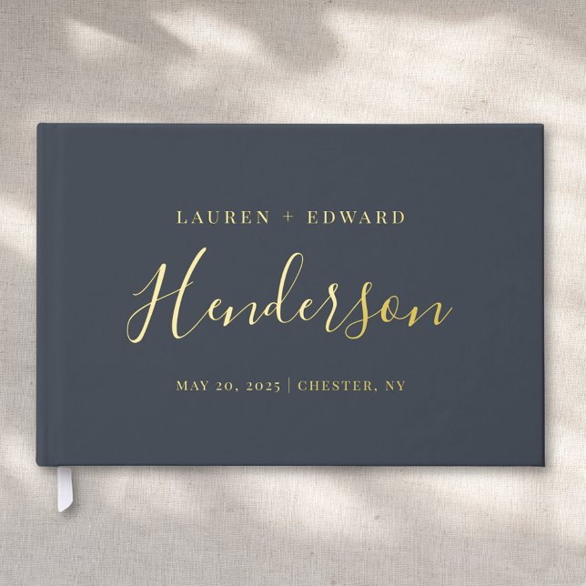 Modern Dark Navy and Gold Family Name Wedding Guest Book (Creator Uploaded)