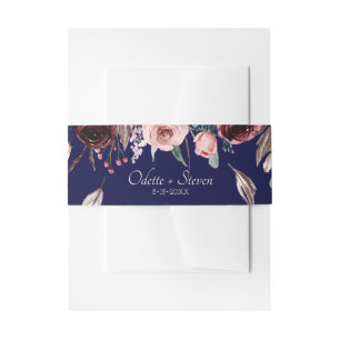 Modern Dark Navy Blue and Burgundy Garden Wedding Invitation Belly Band