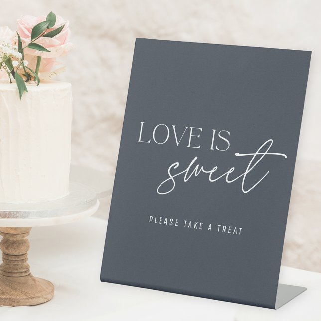 Modern Dark Navy Blue Love is Sweet Wedding Table Pedestal Sign (Creator Uploaded)