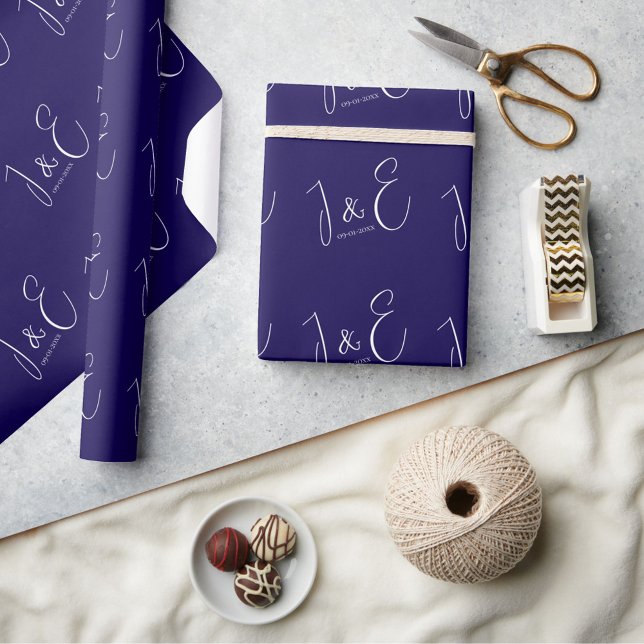 Modern Dark Navy Initials Monograms Wedding Date Wrapping Paper (Creator Uploaded)
