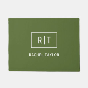Modern Dark Olive Green Monogram Doormat