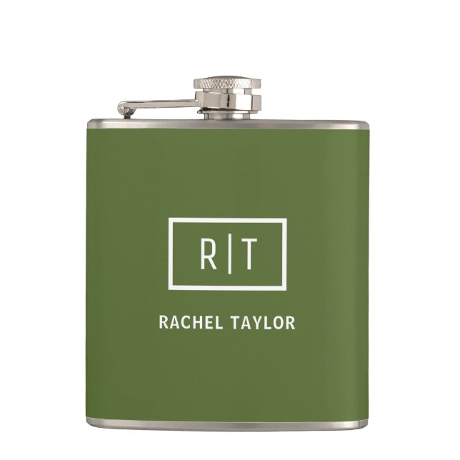 Modern Dark Olive Green Monogram Hip Flask (Front)
