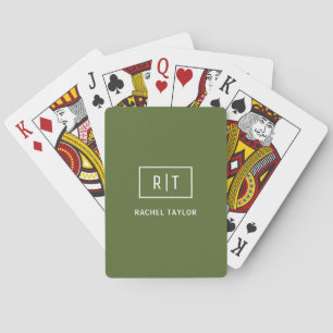 Modern Dark Olive Green Monogram Playing Cards