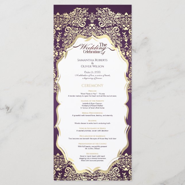 Modern Dark Purple and Gold Damask Wedding Program Programme (Front)