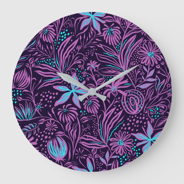 Modern Dark Purple Floral Pattern Large Clock (Front)