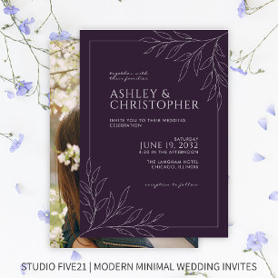 Modern Dark Purple Foliage Outline Photo Wedding Invitation