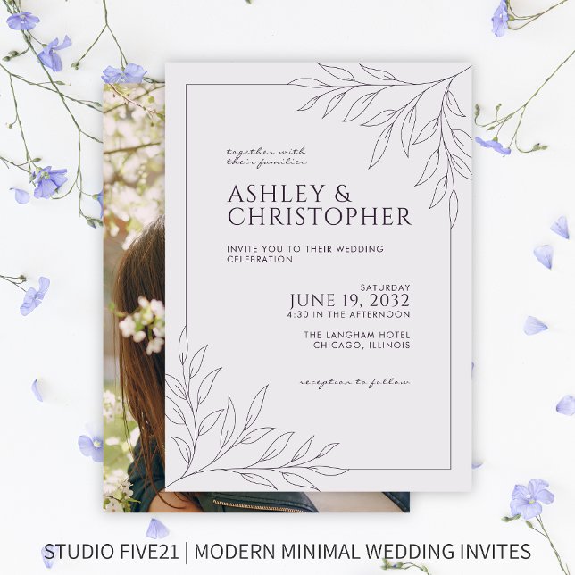 Modern Dark Purple Foliage Outline Photo Wedding Invitation (Creator Uploaded)