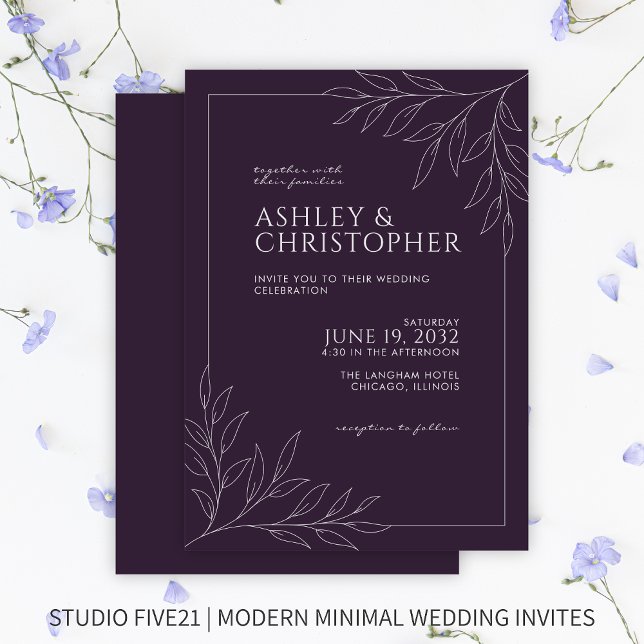 Modern Dark Purple Foliage Outline Wedding Invitation (Creator Uploaded)