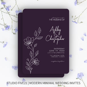 Modern Dark Purple Foliage Outline Wedding Invitation