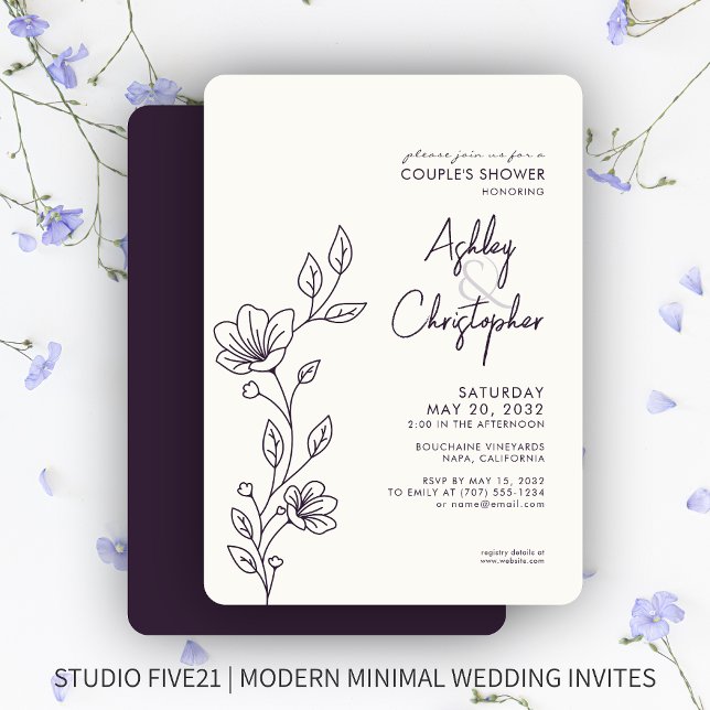 Modern Dark Purple Foliage Outline Wedding Shower Invitation (Creator Uploaded)