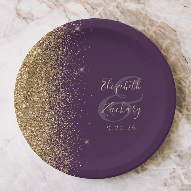 Modern Dark Purple Gold Glitter Edge Wedding Paper Plate (Creator Uploaded)