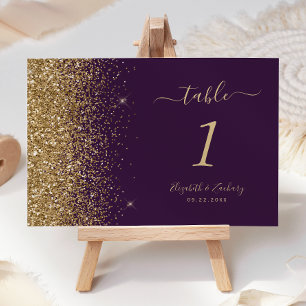 Modern Dark Purple Gold Glitter Edge Wedding Table Number