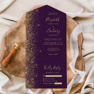 Modern Dark Purple Gold Glitter Wedding All In One Invitation